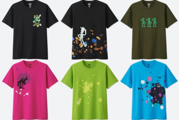 A series of Pixar-themed t-shirts