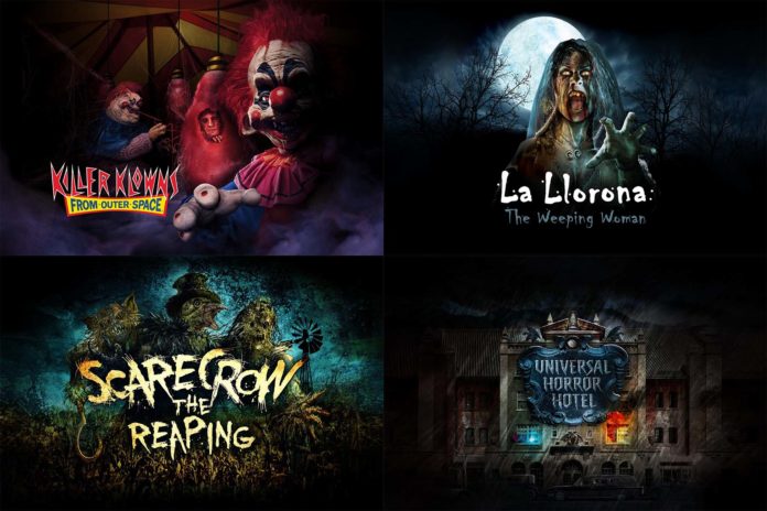Killer Klowns, La Llorona, Scarecrow The Reaping, Universal Horror Hotel art